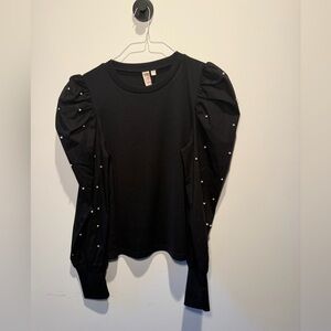 Dolan Black Top with Puff Sleeves and Pearl Details